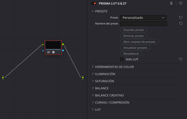 Captura real de DaVinci Resolve: PRISMA LUT abierto en un único nodo del árbol de nodos